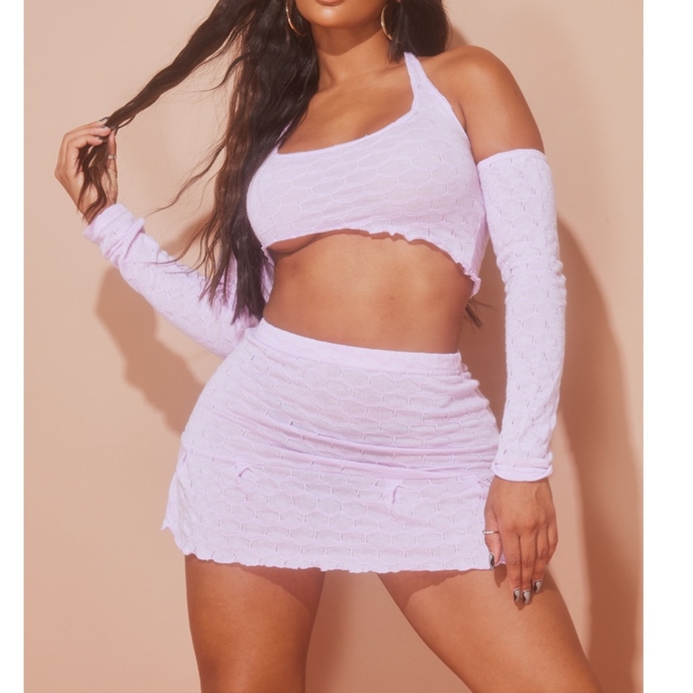 Shape Lilac Textured Cut Out Bardot Crop Top & Mini skirt set